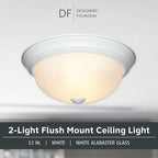 DESIGNERS FOUNTAIN Reedley 2-Lights Flush Mount Ceiling Light, 13 Inch Lighting Fixture for Kitchen, Bedroom, Bathroom, and Hallway, White Alabaster Glass, White, 1257M-WH-AL
