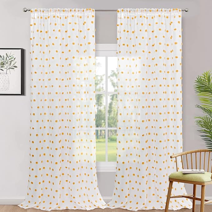 MYSKY HOME Large Pom Pom White Sheer Curtains for Living Room - 108 Inch Burnt Orange - Extra Long Light Filtering Rod Pocket Window Panels - 52 x 108 inch - 2 Pieces