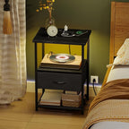 Fixwal Night Stand Set of 2 with Charging Station, LED Nightstand with Fabric Drawers, End Table with PU Finish, Bed Side Table, Black