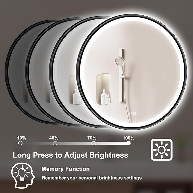 S'bagno 32'' Round Black LED Mirror for Bathroom with Frontlit & Backlit, LED Vanity Mirror with Metal Frame, Anti-Fog, Stepless Dimmable, 3 Color Temperature