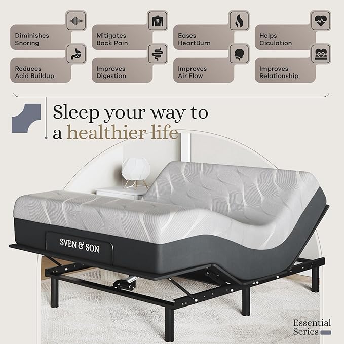 Sven and Son Essential Adjustable Bed Base (Frame) + 14 inch Hybrid Spring Matt (Medium Soft), Easy Assembly, Head and Foot Lift, Memory Positions, Zero Gravity, Wireless Remote - Full