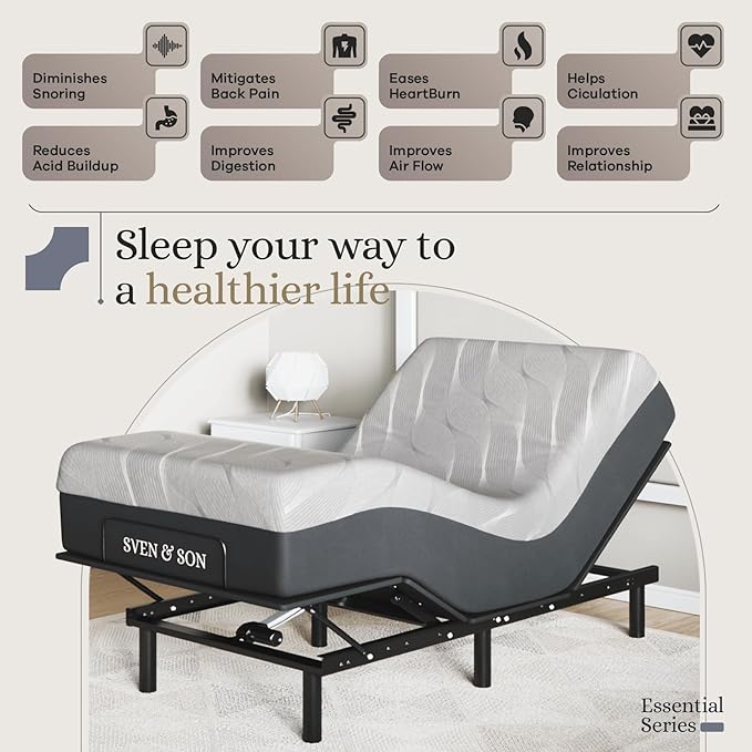 Sven and Son Essential Adjustable Bed Base (Frame) + 14 inch Hybrid Spring Matt (Medium Soft), Easy Assembly, Head and Foot Lift, Memory Positions, Zero Gravity, Wireless Remote - Twin XL