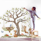 Jungle Animal Wall Stickers Big Tree Fox Sika Deer Safari Wall Decals Kid Room Nursery Baby Bedroom Décor