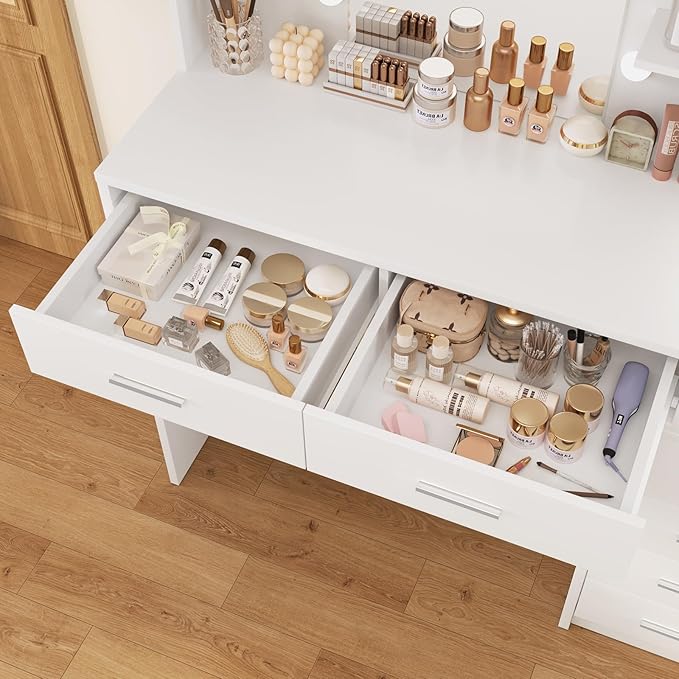 Quimoo 43.3" W Vanity Desk with Mirror and 9 LED Lights, Makeup Vanity with 6 Drawers, 6 Open Shelves, White Vanity for Women Girls, 43.3" W x 13.8" D x 54.3"