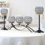 Set of 3 Gold Crystal Tea Light Candlestick Holders Flower Shape with Crystal Pendant Bowl Votive Metal Candle Holder for Table Centerpieces Wedding Home Decor (Set of 3, Black+Gold)