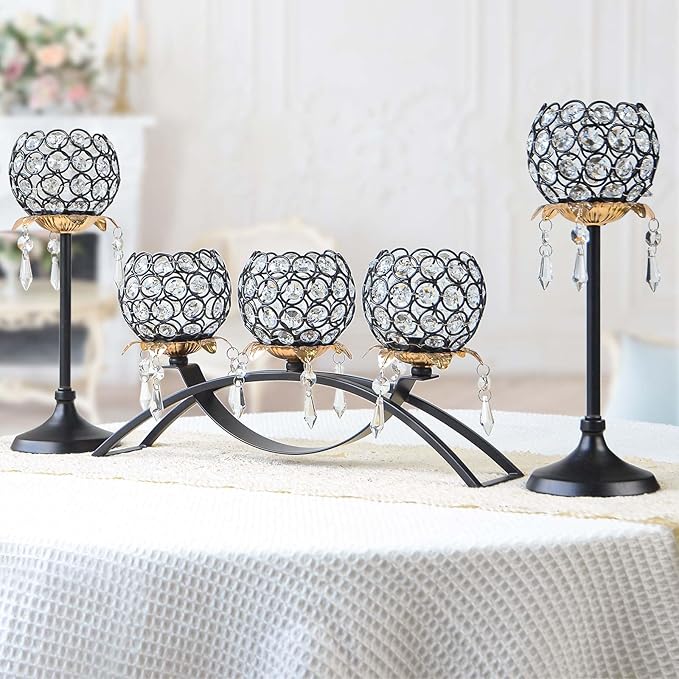 Set of 3 Gold Crystal Tea Light Candlestick Holders Flower Shape with Crystal Pendant Bowl Votive Metal Candle Holder for Table Centerpieces Wedding Home Decor (Set of 3, Black+Gold)