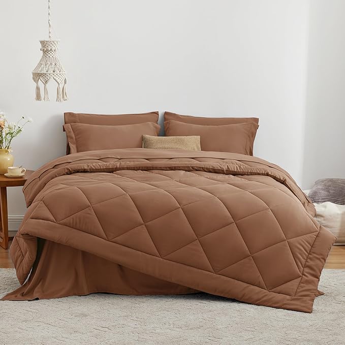 Love's cabin Full Comforter Set Mocha Mousse, 7 Pieces Full Bed in a Bag, All Season Bedding Sets with 1 Comforter, 1 Flat Sheet, 1 Fitted Sheet, 2 Pillowcase and 2 Pillow Sham