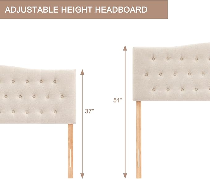 Tufted Upholstered Headboard Twin Size, Sturdy and Durable Solid Wood Twin XL headboard, Fabric Headboard Adjustable Height from 37” to 51”, Modern Button Diamond Design Head Board, Beige