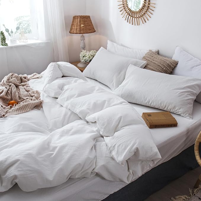 MooMee Bedding Duvet Cover Set 100% Washed Cotton Linen Like Textured Breathable Durable Soft Comfy (Solid Off White, Super Queen 90"x98")