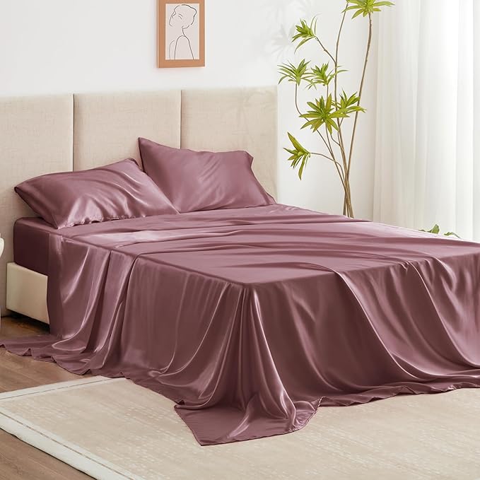Love's cabin Satin Queen Sheets Set - 4 Piece Rose Taupe Silky Bed Sheets Set with Deep Pocket, Luxury Silk Feel Satin Queen Size Sheet Set (1 Flat Sheet,1 Fitted Sheet,2 Pillow Cases)