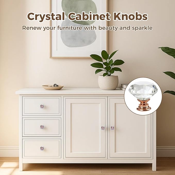DEELF 12 Packs Kitchen Cabinet Knobs, 40 mm Crystal Cabinet Knobs, Diamond Dresser Handle Drawer Pulls, Dresser Knobs for Cabinets and Drawers, Rose Gold Base