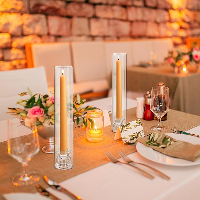 12 Set Christmas Glass Hurricane Candle Holders 12.6" Open Ended Glass Candleholder Tube Shape Bottomless and 2.2" Taper Clear Candlestick Holders for Wedding Party Table Centerpiece (Clear)