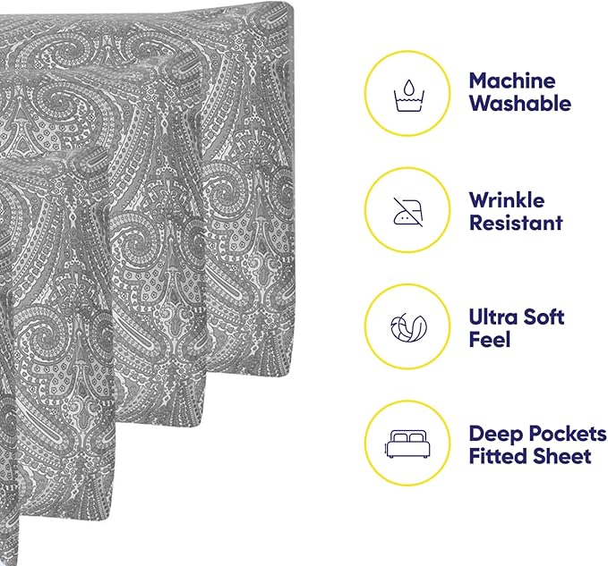 King Size Bed Sheets - 6 Piece 1500 Supreme Collection Fine Brushed Microfiber Deep Pocket King Sheet Set Bedding - 2 Extra Pillow Cases, Great Value, King, Paisley Gray