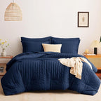 CozyLux Full Size Comforter Sets with Sheets Seersucker 7 Pieces Navy Blue Bed in a Bag Textured Luxury Soft Bedding Set with Down Alternative Comforter, Sheets, Pillowcases & Shams for All Seasons