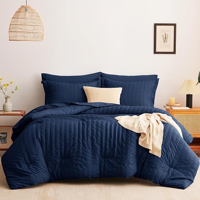 CozyLux Queen Comforter Set Navy Blue Seersucker 7 Pieces Bed in a Bag Queen Comforter Set with Sheets Luxury Soft Bedding Set with Down Alternative Comforter, Sheets, Pillowcases & Shams All Seasons