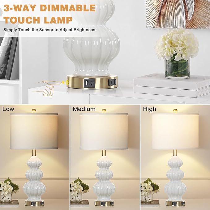 Modern White Table Lamps Set of 2 - Bedside Lamps for Night Stands, 26" Triple Gourd Ceramic Lamps for Living Room with USB A+C Ports & AC Outlet,3 Way Touch Lamps for Bedroom (LED Bulbs Included)