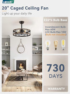 LEDIARY 20 Inch Fandelier Caged Ceiling Fan with Light, Bladeless Ceiling Fan with Remote, Small Farmhouse Fan Lights Ceiling Fixtures for Kitchen, Bedroom-Black and Gold