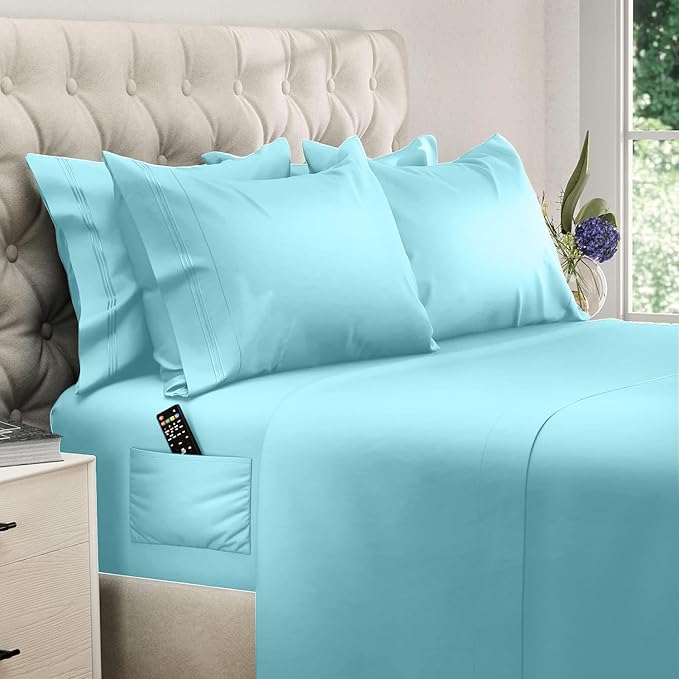 DREAMCARE Full Size Sheets Set - 6 Pcs Deep Pocket Cooling Bed Sheets - Soft, Long Lasting 100% Brushed Microfiber with Side Pocket (Spa Blue, Full)