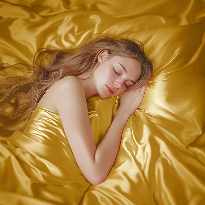 Love's cabin 4Piece California King Satin Bed Linen Set, Gold Silky Satin Sheets, Deep Pocket, Luxury Silk Feel, 1 Flat, 1 Fitted Sheet, 2 Pillow Cases