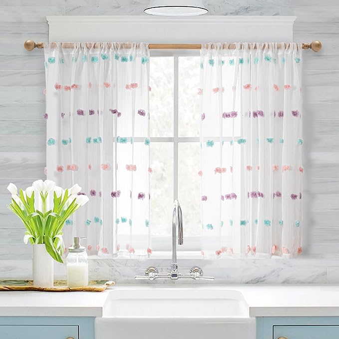 MYSKY HOME Small Window Curtains 45 Inches Long for Kitchen Bedroom Living Room Rainbow Pom Pom Curtains for Girls Baby Room Rod Pocket 2 Sets Boho Sheer Window Drapes 52 x 45 inch Length