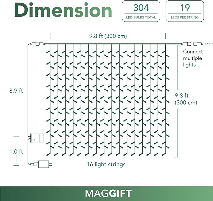 MAGGIFT 304 LED Curtain String Lights, 9.8 x 9.8 ft, 8 Modes Plug in Fairy String Light with Remote Control, Christmas, Backdrop for Indoor Outdoor Bedroom Window Wedding Party Decoration, Cool White