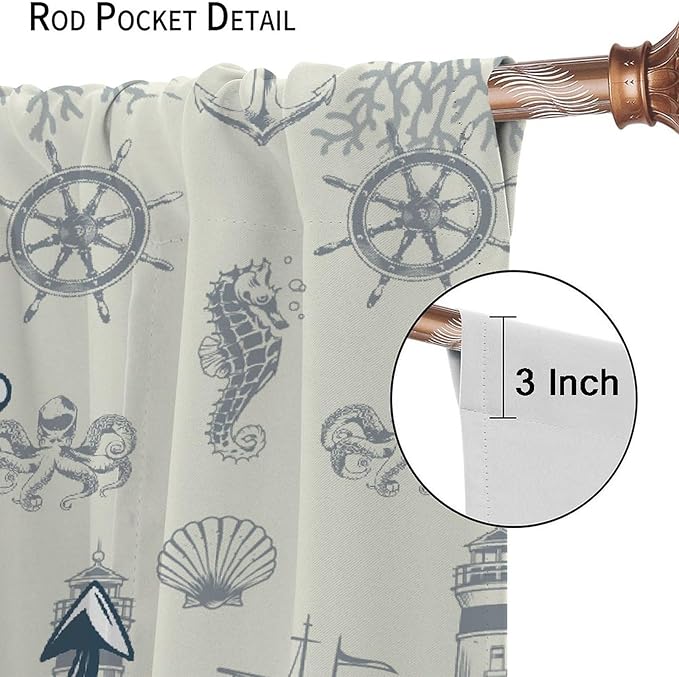 Nautical Anchor Curtains, Vintage Sailboat Ocean Coastal Lighthouse Window Drapes, Navy Blue Coral Shell Seahorse Beach Print Blackout Window Treatments for Living Room Bedroom 84x84in