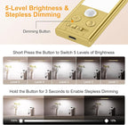Gritin 10.2inch Under Cabinet Lighting Rechargeable -84 LED Super Bright,3-Color& 5 Level Brightness,4 Modes,Motion Sensor, Long Lasting- Easy Installation Magnetic Closet Lights -2 Pack-Gold