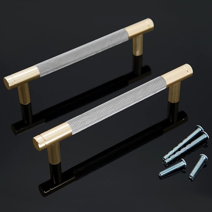 Knurled Cabinet Pulls 25 Pack, 6 Inch Long Cabinet Handles Metal Door Pulls, Kitchen Drawer Pull Knurled Dresser Handles - 5" Hole to Hole, Grey & Gold