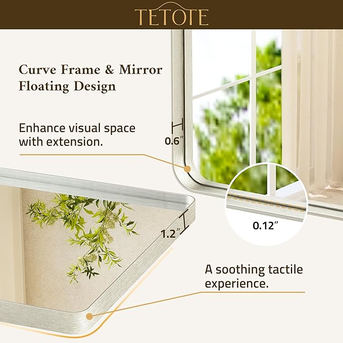 TETOTE 60 x 36 Inch Brushed Nickel Bathroom Mirror Metal Framed Bathroom Mirror, Tempered Glass, Modern Farmhouse Wall Mounted Mirror for Decorative(Horizontal/Vertical)