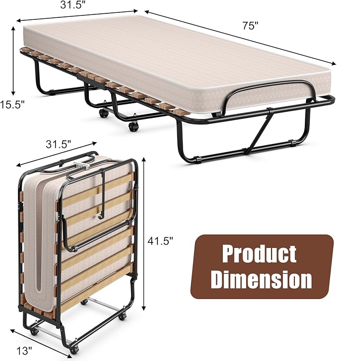 Giantex Folding Bed with Mattress, Rollaway Guest Bed w/ 4 Inch Memory Foam Mattress, Sturdy Metal Frame, Portable Bed Cot Size Easy to Store, Foldable Beds for Adults, Made in Italy
