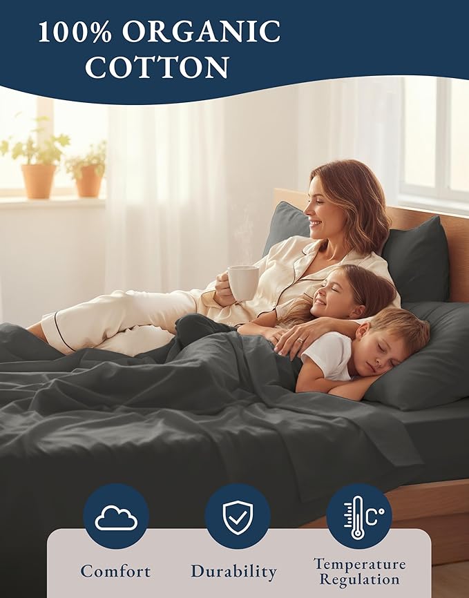 LANE LINEN 100% Organic Cotton Twin XL Sheets Set, Hotel Like Crisp Percale Low Pill Fade Resistant Reinforsed Seam Cotton Sheets, Perfect for Hospital Bed & Dorm Room Extra Long Twin- Charcoal