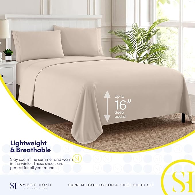 California King Sheet Sets - Breathable Luxury Sheets with Full Elastic & Secure Corner Straps Built In - 1800 Supreme Collection Cal King Deep Pocket Bedding Set, Sheet Set, California King, Beige