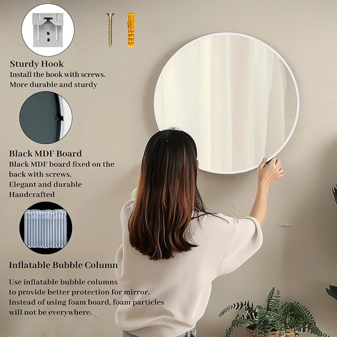 White Round Mirror 30 inch, Large Round Mirror, Bathroom Mirror Matte Metal Frame, Circle Mirrors for Living Room, Bathroom, Wall, Hallway.