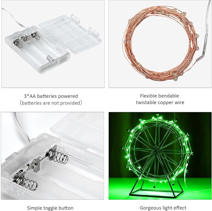 Mikasol Fairy Lights Battery Operated, 2 Pack Mini 3*AAA Battery Powered Copper Wire Led Starry String Lights Firefly Lights for Bedroom, Christmas, Parties, Decoration (5m/16ft Green)