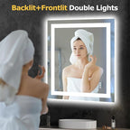 LED Bathroom Mirror with Lights 28x32 Wall Vanity LED Mirror Stepless Dimmable,Double Front and Backlight,Anti-Fog,Memory Smart Mirror for Bathroom