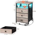 AMHANCIBLE LED Night Stand, Nightstand with Charging Station, Smart End Side Table with USB Port & Power Outlet, Bedside Table with 3 Fabric Drawers for Bedroom, Living Room, Greige HET053LGY1