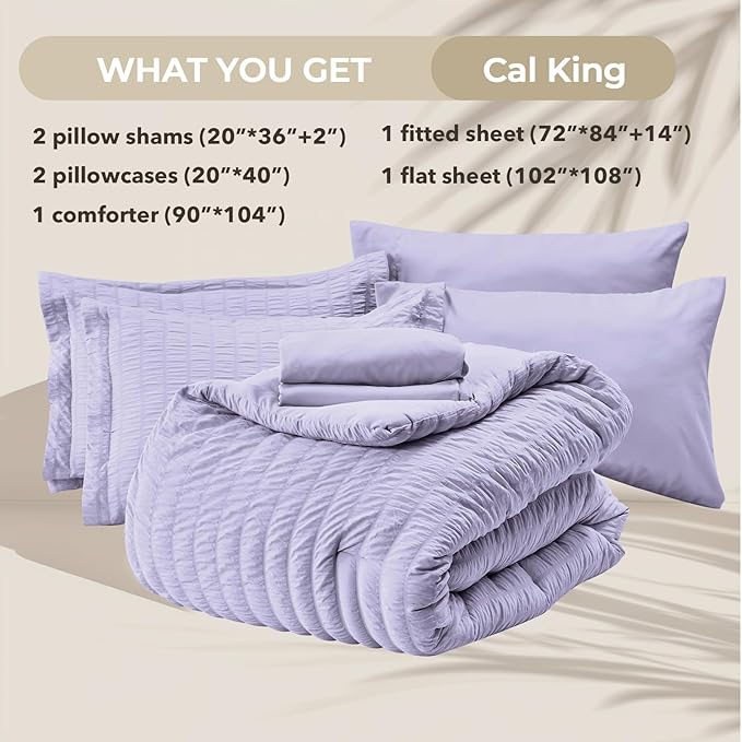 HYMOKEGE Light Purple California King Comforter Set Seersucker 7 Pieces, All Season Luxury Bed in a Bag for Bedroom, Bedding Set with Comforter, Sheets, Pillowcases & Shams