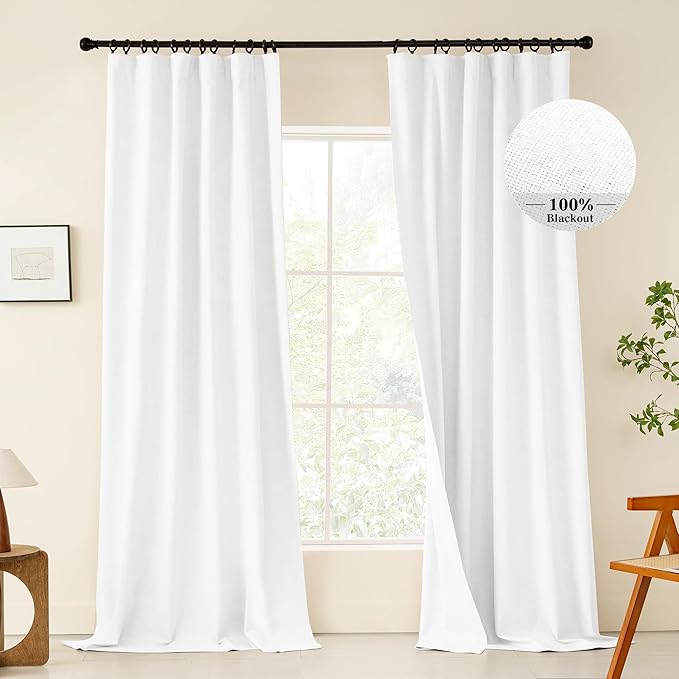 KangBang 2Pcs Blackout Curtains 96 Inches Long, Light Blocking Thermal Insulated Soft Thick Drapes Linen Panels Pleated Curtains for Sliding Patio Door Back Tab Rod Pocket(Pure White, 72Wx96L)