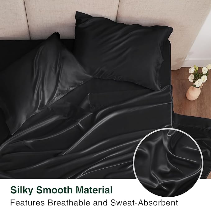Love's cabin Satin King Sheet Sets - 4 Piece Black Silky Sheets King Size Bed Set with Deep Pocket, Luxury Silk Feel King Size Satin Sheet Set (1 Flat Sheet,1 Fitted Sheet,2 Pillow Cases)