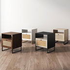 Nathan James Mina Side, End or Accent Table in a Matte White Finish & Brass Gold Legs with Natural Rattan Storage Door for Living Room or Nightstand for Bedroom, White/Gold, Set of 2