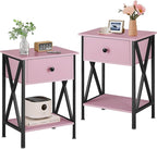 VECELO Nightstands Set of 2, Modern Bedside End Tables, Night Stands with Drawer and Storage Shelf for Living Room Bedroom, Industrial Metal Frame