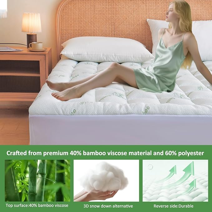 Bioeartha Cooling Mattress Topper Twin – Extra Soft Pillow Top Mattress Pad, Breathable Viscose Made from Bamboo Mattress Protector for Back Pain Relief, Deep Pocket Cover Fits 8–21 Inch