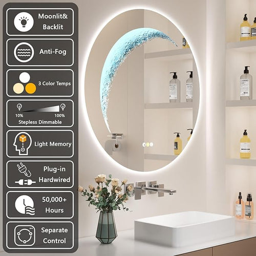 30'' Circle LED Mirror, Frameless Round Smart Mirror with Backlit & Half Moon Light, Anti-Fog, 3 Color Modes, Dimmable Wall-Mounted LED Vanity Mirrors for Bathroom, Bedroom, Entryway