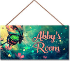 Personalized Butterfly Sign Flowers Painting Art Décor For Kids Room Custom Name Door Wall Decor, Floral Nursery Art Plate For Boys Room Girls Bedroom