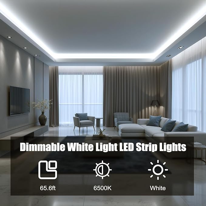 MYPLUS 65.6FT White Strip Lights, Dimmable LED Tape Light 6500K Bright Daylight White, Flexible Under Cabinet Lights with 1200 LEDs and UL Listed Safety Power Supply for Room,Kitchen and décor