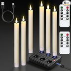 GenSwin Rechargeable Flameless Taper Candles with Charging Base, 6 Pack LED Candles Battery Operated with Remote Timer, Real Wax Flameless Candlesticks for Halloween Christmas Decorations(Ivory)