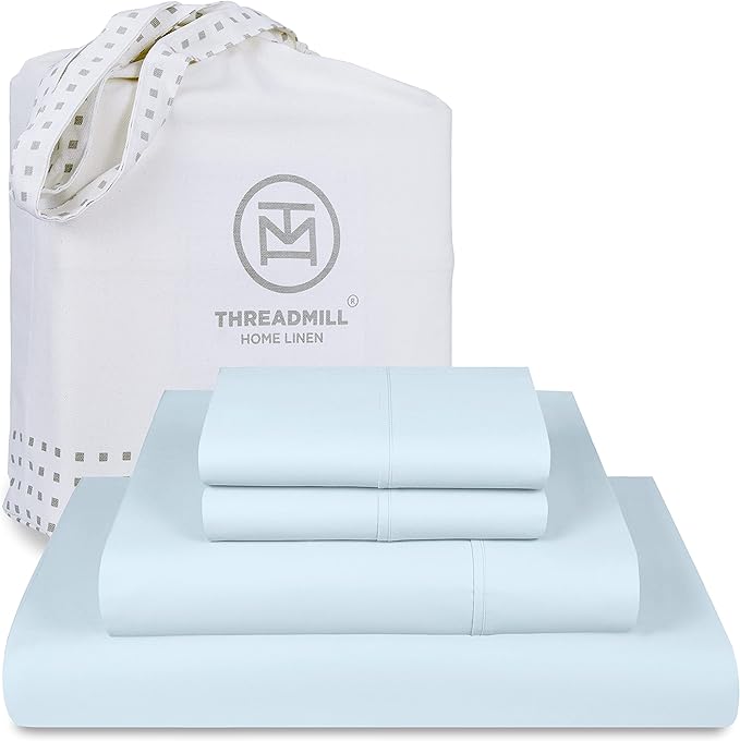 Threadmill Luxury 800 Thread Count California King 100% Cotton Sheets - Light Blue Sateen Weave Bed-Sheets, Better Than Egyptian Cotton,4 Pc Solid Bedding Set, Fits 16" Deep Pocket