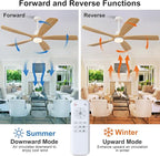 BOJUE 60 Inch Outdoor Ceiling Fans with Lights and Remote Control, Dimmable 5 Blade Wood Outdoor Ceiling Fans for Patios, White Natural Wood Bedroom Ceiling Fan with Lights, Noiseless DC Motor