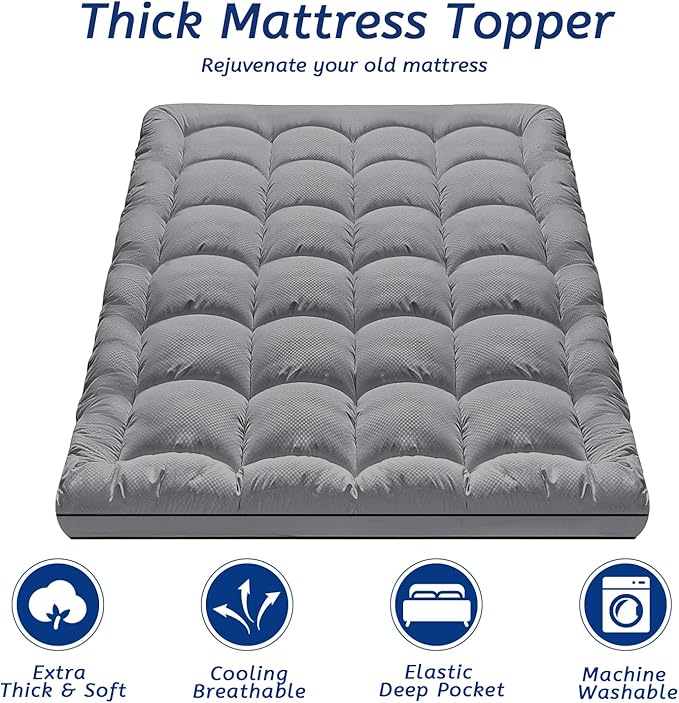 MATBEBY California King Mattress Topper, Extra Thick, Quilted Fitted, Breathable, Machine Washable, Deep Pocket, Dark Grey