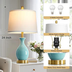 24" Bedroom Table Lamps Set of 2, Modern Classic Ceramic Lamps for Living Room, Small Bedside Table Lamp for Nightstand or End Table, Aqua Blue (2 LED Bulbs Included)